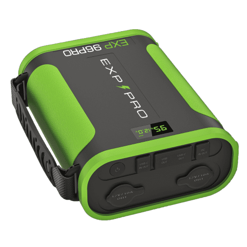 EXP96 Pro Lithium Iron Phosphate Battery with sleek green and black design featuring a digital display for battery level and voltage.