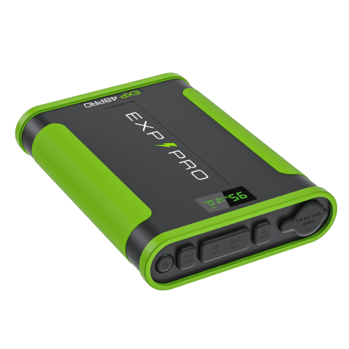 EXP48 Pro Lithium Iron Phosphate Battery with sleek green and black design featuring a digital display for battery level and voltage.